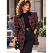Sag Harbor Petite Vintage Plaid Blazer Red Green Gold Metallic Velvet Collar 12P