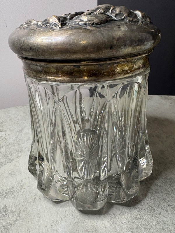 Antique Heavy Glass Tobacco Humidor Jar w/ Silverplate Lid of Flower Design