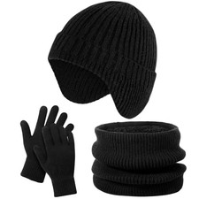 Kids Hat and Gloves Set - Winter Scarf Beanie Hat Kids Gloves Black
