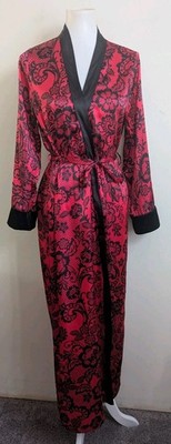 In Bloom Liquid Satin Long Robe Belted Kimono Gothic Black Lace Deep Pink S 