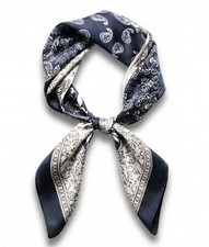 Women s Square Scarf 27.5 in 70 x 70 cm , Satin Paisley Navy Blue White