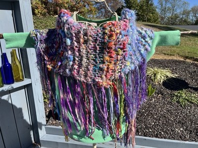 Hand Knit Art Yarn Poncho Scarf Boho Hippie COOL
