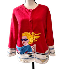 Michael Simon 3D Mixed-Media Sweater. Blonde Lady Driving a Convertible Sz L Art