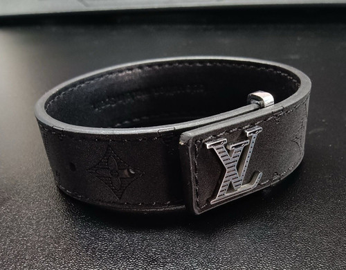 Louis Vuitton Men's Black Leather Bangle Bracelet Silver Buckle MPN M03458B