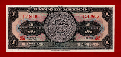 1 Peso 1965 / (1957-1973) Mexico AZTEC UNC Note Series BCU - Prefix: T (P-59i.2)