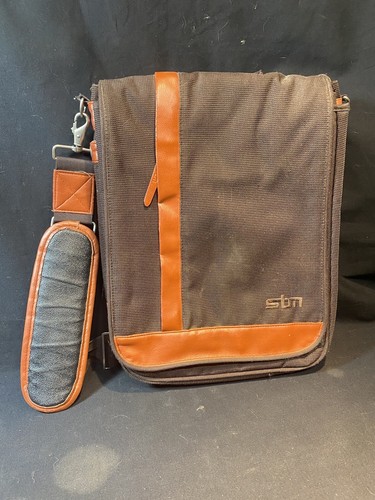 STM Vertical Laptop Bag Messenger Padded Dark Brown and Orange - Picture 1 of 3