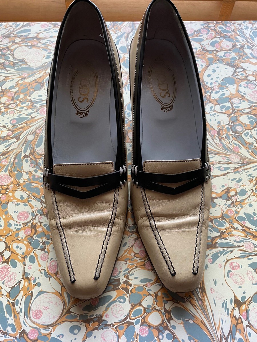 Original Vintage 90s Kitten Heel Loafers, Tods, 40.5 Uk7 Tan