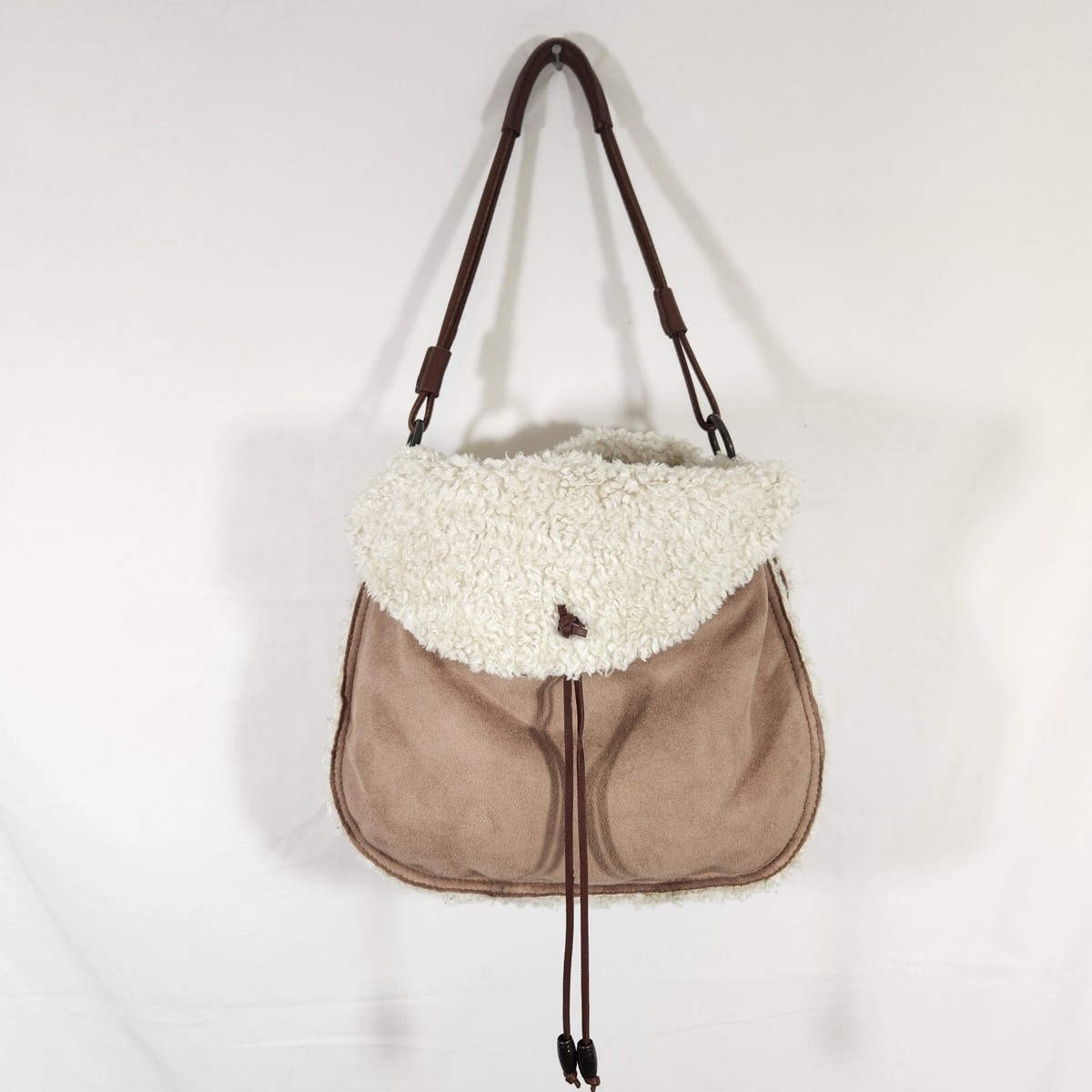 boho hippy shearling shoulder bucket bag leather trim western  equestrian