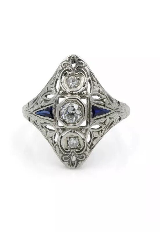 18K White Gold Old Euro Diamonds & Sapphires Die Struck Ring