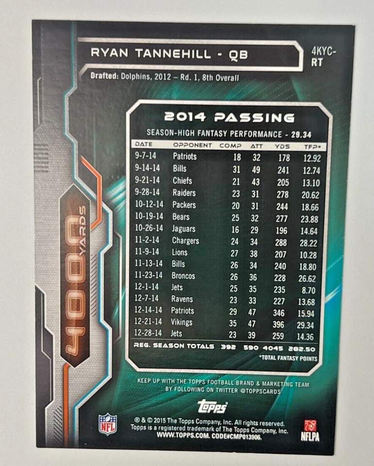 2015 Topps 4000 Club RYAN TANNEHILL Jumbo 5x7 Gold 08/10 SSP #4KYC-RT Dolphins - Image 2 of 2