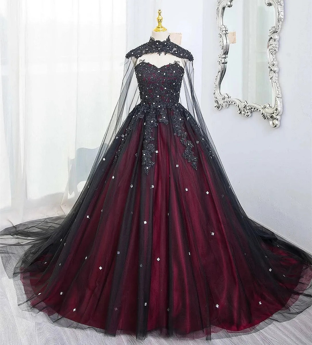 Gothic Black Burgundy Wedding Dresses Strapless Lace Applique Shawl Bridal  Gowns | eBay