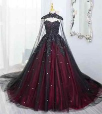 Gothic Black Burgundy Wedding Dresses Strapless Lace Applique Shawl Bridal Gowns