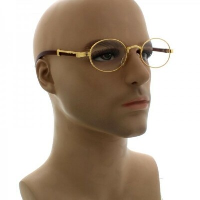 Mens CLASSY MODERN Clear Lens EYE GLASSES Oval Gold & Wood Wooden Effect Frame