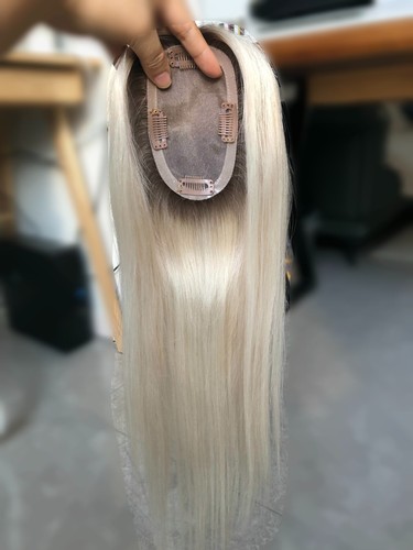 12-16" Rooted Platinium Blonde Brazilian Virgin Hair Topper 3x5" Human Hairpiece - Picture 9 of 10