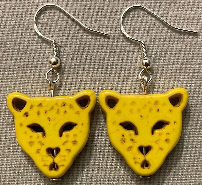 YELLOW DYED HOWLITE LEOPARD CAT FACE BEAD EARRINGS w/SS Ear Wires CHEETAH JAGUAR