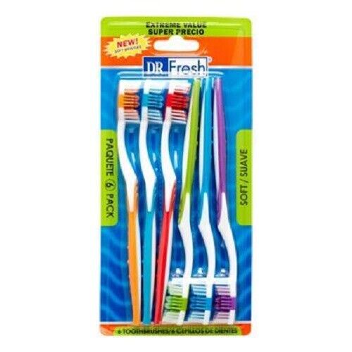 Dr Fresh Soft Nylon Bristles 6 Pack Toothbrushes w/ Tongue Scrubber Multi-Colors - Picture 1 of 4