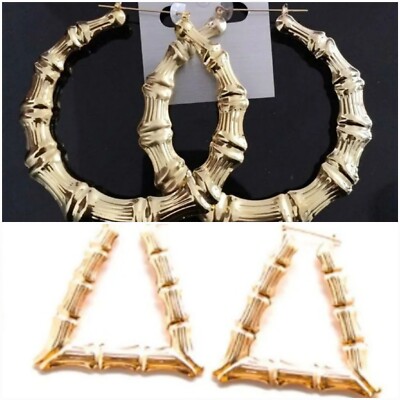 2 x große Damen Bambus Ohrringe Gold großes Dreieck + runde Creolen jeden Sommer Bling