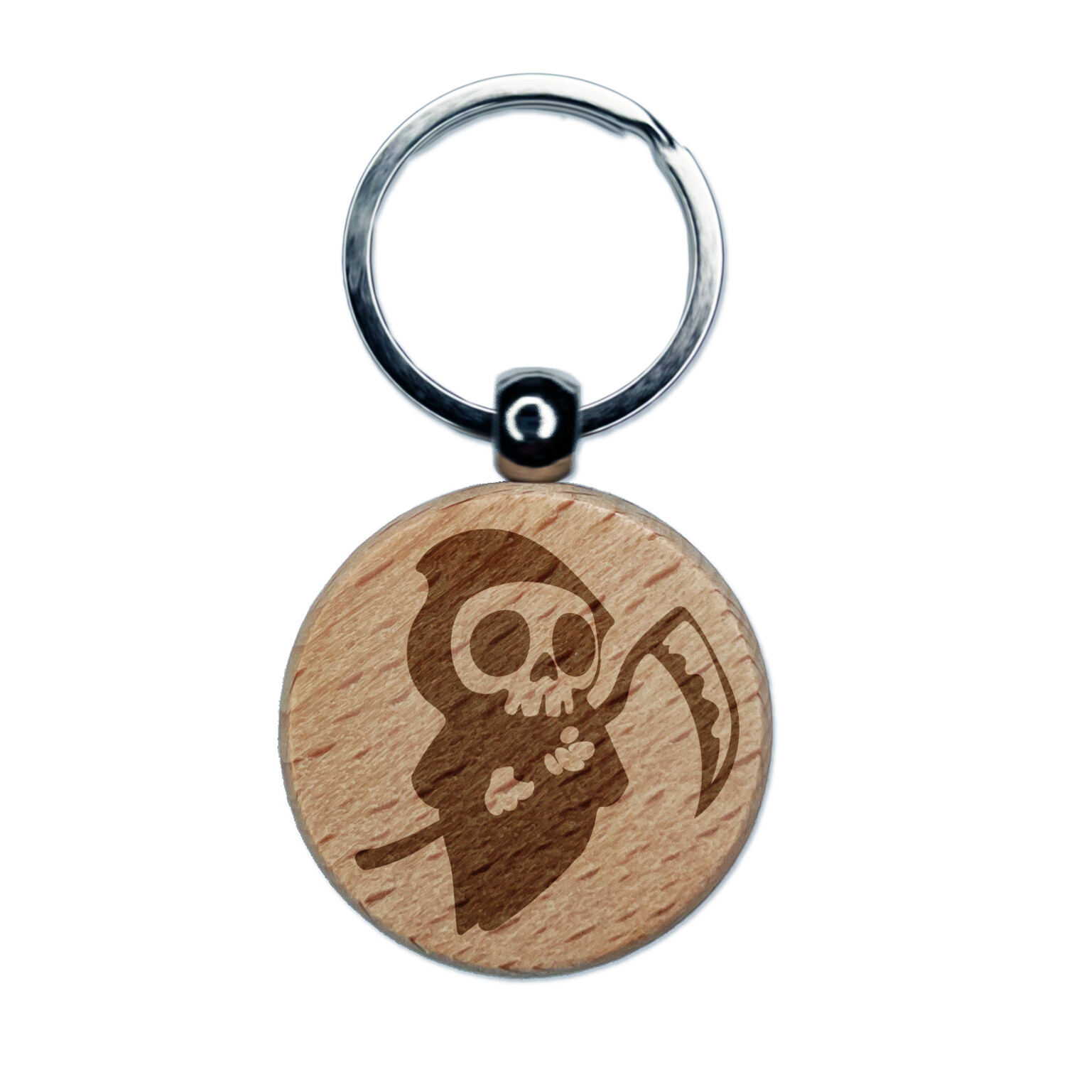 Cute Grim Reaper Death Halloween Engraved Wood Round Keychain Tag Charm