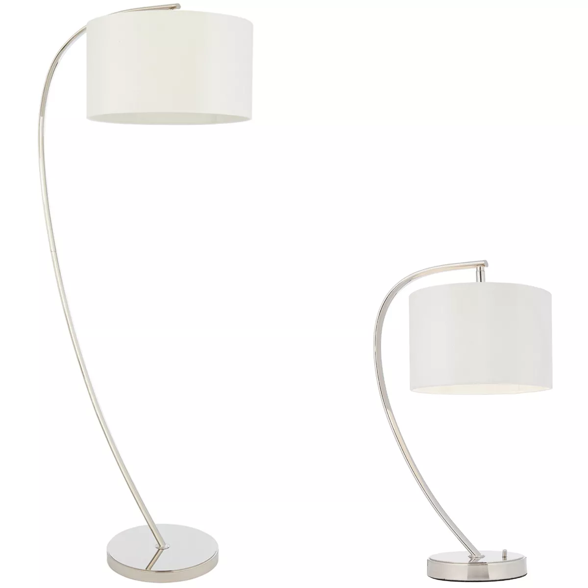 Standing Floor Table Lamp Set Bright Nickel White Shade Curved Stem Light