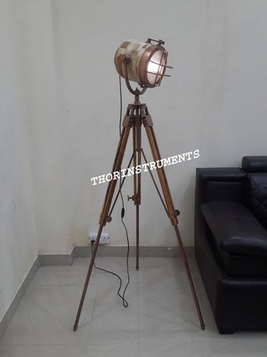 Nautical Industrial Spotlight Brown Wooden Tripod Stand Copper