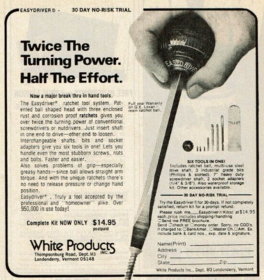 1977 Vintage Print Ad White Products Easydriver Ratchet Tool Twice Turning Power
