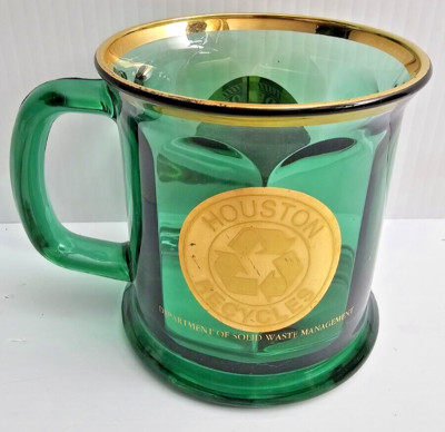 Vintage Golden City Of Houston Shield Culver Glass Green Gold Gilded Crest Mug