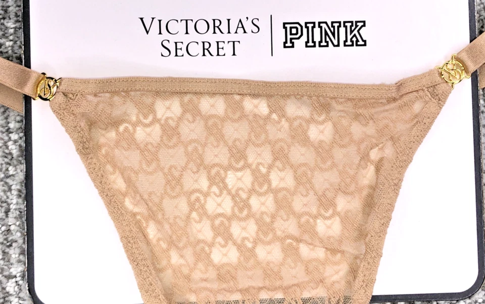 Calcinha fio dental ajustável Victoria's Secret muito sexy nova com etiquetas GG bege ícone renda logotipo - Imagem 3 de 4