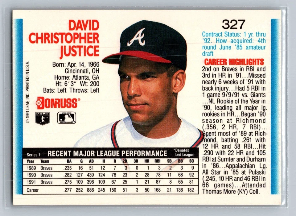 SIGNED - Dave Justice Braves 1992 Donruss Auto Signed Baseball Card 327 - Image 2 of 2