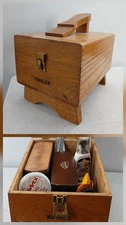 Vintage Oak Wooden Dovetail Cavalier Shoe Valet Shoeshine Box w Used Accessories