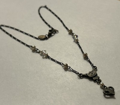Vintage Robert Rose  Necklace Faux Pearl Heart Charm Dark Tone 16''
