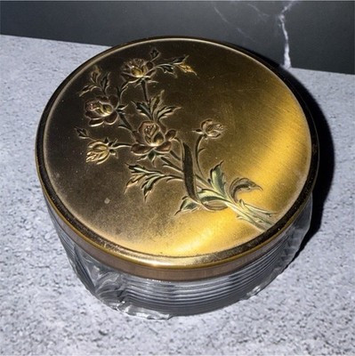 3-Piece Art Deco Glass Vanity Jars with Floral Brass Lids