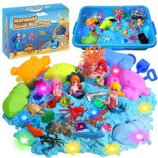Mermaid Sensory Bin for Girl, Sand Art Kit with Light, 2.2lbs Sensory Sand, O...