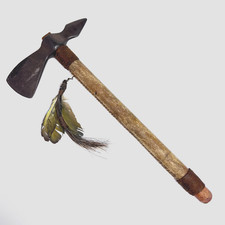 VTG Native American Style Pipe Tomahawk Wood Handle Leather Wrap Feathers 12"