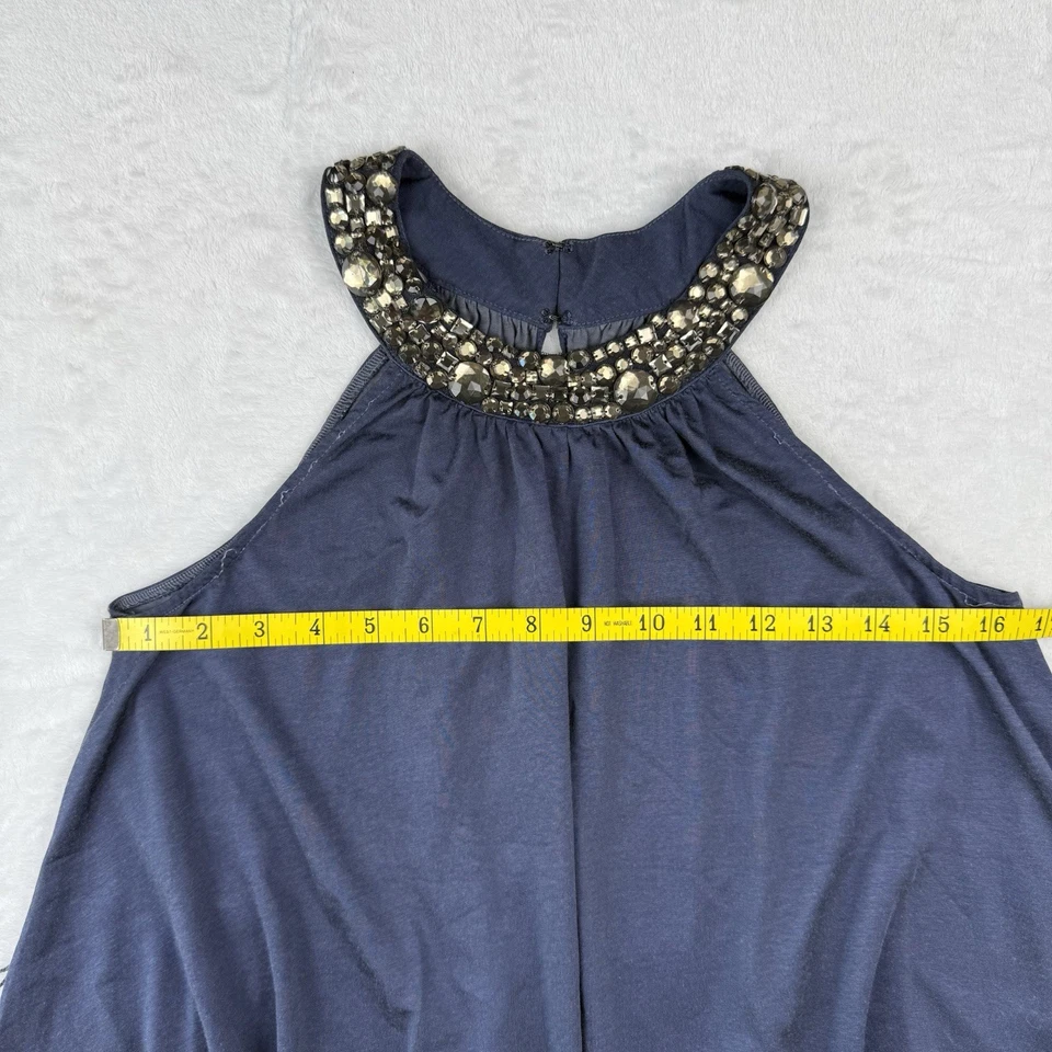 Velvet Brand Tunic Top S Navy Jeweled Neck Rayon Cotton Belt Loops Oversized - Image 4 of 4