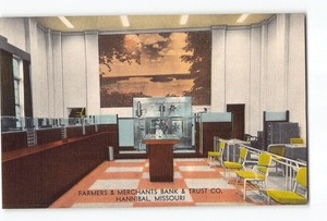 Hannibal MO Postcard 1930-1945 Farmers & Merchants Bank & Trust Company Interior