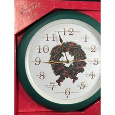 The Original Caroling Wall Clock New Christmas Carols Light Sensor Green Wreath
