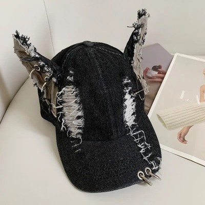 Ripped Denim Baseball Cap Mütze Unisex Wolfsohren Trendy Mode Kopfbedeckung