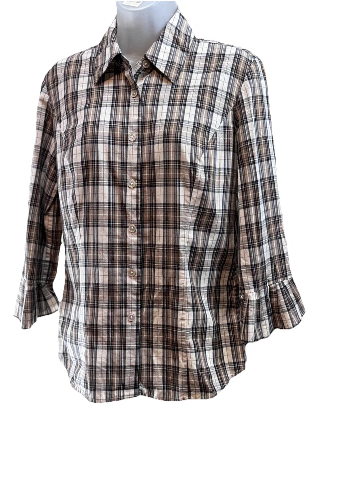 Blusa Harolds Vintage Para Mujer con Botones Talla Mediana Verde Gris Volantes a Cuadros Foto 2 de 4