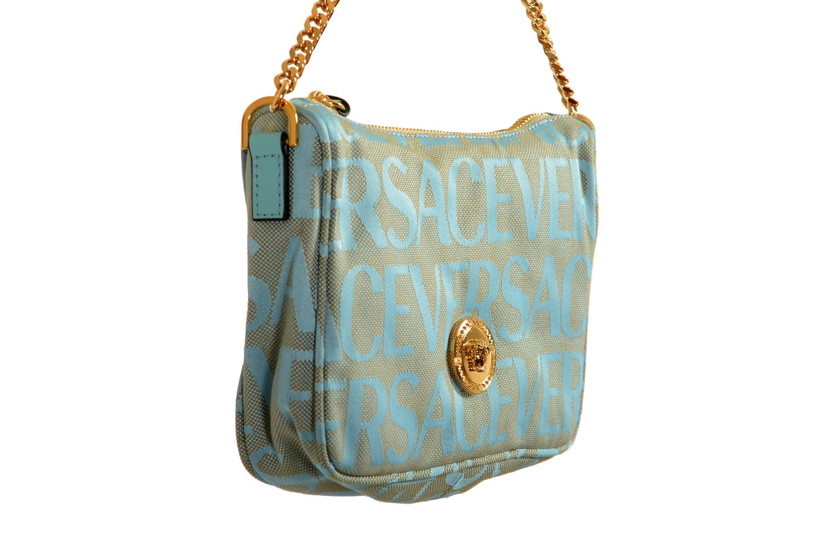 Versace Women's Blue Logo Print Gold Medusa Small Hobo Handbag Shoulder Bag image 6