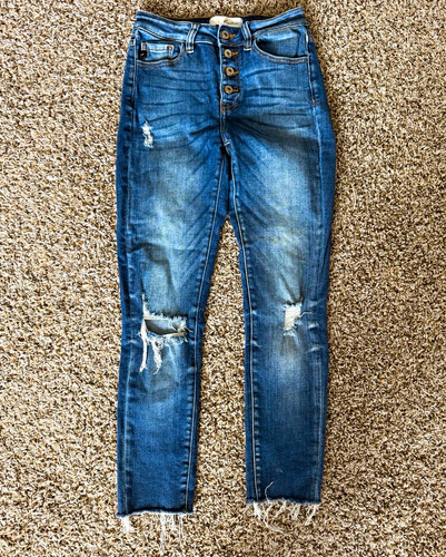 Kancan Women's Blue Skinny Jeans Slim Fit Stretch Distressed Button Fly. 0-23