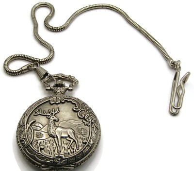 Hanslin Quartz Pocket Watch Embossed Elk Deer Scene Silver Tone w/ Chain Needs