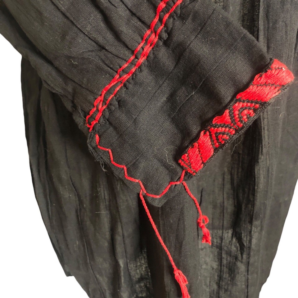 Boho Peasant Blouse Size Medium Red Ethnic Embroidery Black Lightweight