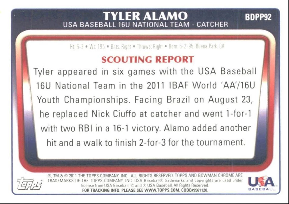 2011 Bowman Draft Picks & Prospects Chrome Tyler Alamo A USA #BDPP92 - Image 2 of 2