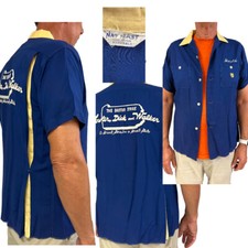Nat Nast VTG 1950s Rayon Bowling Shirt Loop Collar Chain Stitch Embroidery Sz L