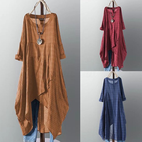 UK Womens Casual Check Plaid Dress Ladies O Neck Tunci Shirt Dresses