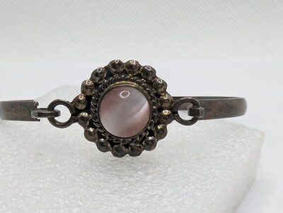 Vintage Sterling Silver 925 Cat's Eye Chrysoberyl Hook Closure Bangle  Bracelet