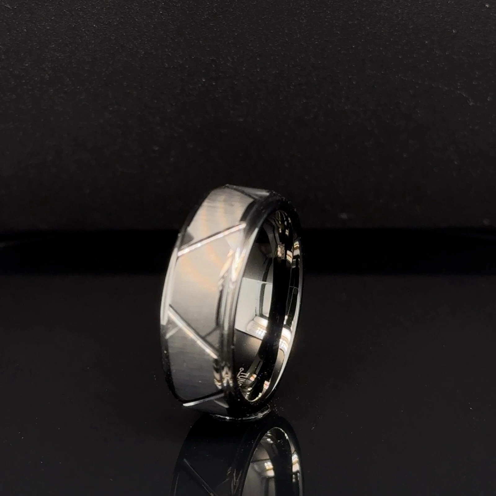 Black Tungsten Carbide 8mm Band Geometric Faceted Pattern Unisex Proposal Ring