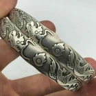 2pc Old Chinese Sterling Silver Ornate Etched Engraved Dragon phoenix Bracelet