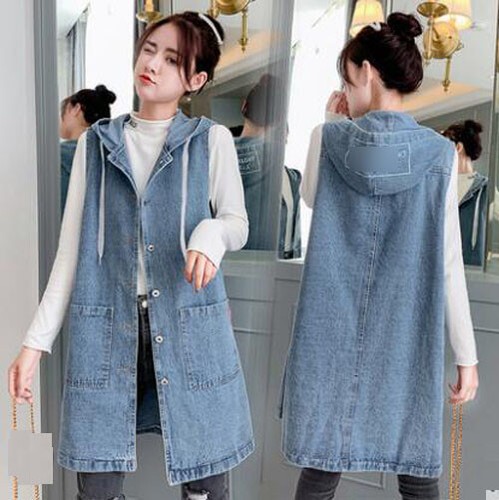 New Women's Long Hooded Denim Vest 