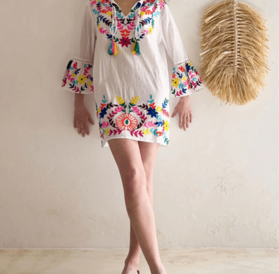 Debbie Katz Womens Embroidered Fluted Sleeve Maui Boho Tunic White Small NWOT